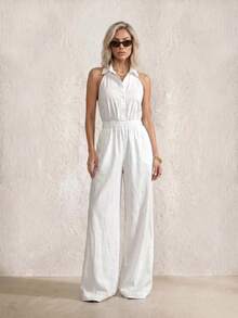 SHEIN PETITE High-End White Jumpsuit For Spring/Summer: Elegant Minimalist, Casual, Perfect For Vacation Look. Stylish, Versatile, Sophisticated, Petite Women - White - View 7