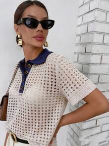 EMERY ROSE Elegant Vintage Dual-Tone Contrast Collar Hollow Out Single-Breasted Knit Short Sleeve Sweater Top Vacation Brunch Navy Blue Autumn - Apricot - View 6