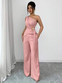 SHEIN Raffinéa 極簡性感風不對稱領口背心上衣與下裝2件組女裝套裝 - 粉色 - 查看 7