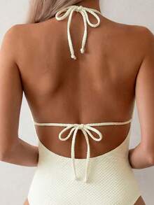 Bonvoyette Women's Summer Beach Vacation Textured Fabric Beaded Decor Halter Backless Sexy One-Piece Swimsuit - Apricot - View 9