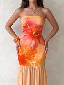 Modelyn Sexy Tropical Elegant Orange Batik Floral Print Bandeau Dress, Suitable For Girls, Summer Dress, Beach Vacation Dress, Beachwear, Party Dress - Orange - View 5
