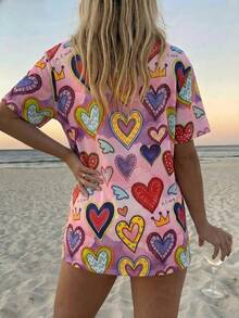 Vaclyn Summer Beach Round Neck Geometric Print Short Sleeve Cover-Up - Multicolor - View 2