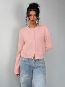 SHEIN Tall CURVE 大尺碼休閒素色圓領長袖寬鬆短版女款開襟針織外套毛衣 - 粉色 - 查看 7