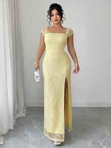 SHEIN Clasi Plus Size Women's Square Neck Yellow Lace Sleeveless Waist Cinched High Slit Bodycon Dress, Elegant Sexy Wedding Wear Mother Of The Bride Summer - Yellow - View 7