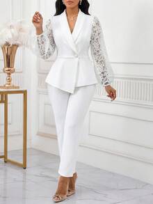 SHEIN Lady Women's Button Lace Patchwork Asymmetrical Hem Blazer And Casual Suit Pants Set - White - View 9