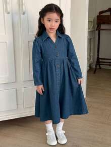 DAZY Girls' Casual Turn-Down Collar Washed Korean Style Versatile Solid Color Denim Dress - Blue - View 7