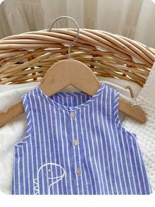 2pcs/Set Baby Boys/Girls Summer Green & White Striped Sleeveless Romper And Matching Bucket Hat, Casual Vacation Outfits - Blue - View 5