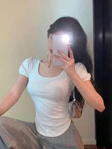 DAZY 女款方領休閒純色修身T恤 夏季 - 白色 - 查看 4
