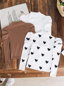 SHEIN LMoss Kids 少女秋冬休閒百搭假領泡泡長袖愛心印花修身T恤3件組 - 彩色 - 查看 2