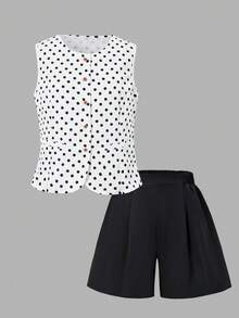 SHEIN XT26211 Bộ 2 món áo gile & quần short thường ngày phong cách Old Money mùa hè cho thanh thiếu niên, trang phục đi chơi thoải mái phù hợp mặc đi làm hàng ngày và đi nghỉ lễ - Đen và trắng - Xem 8