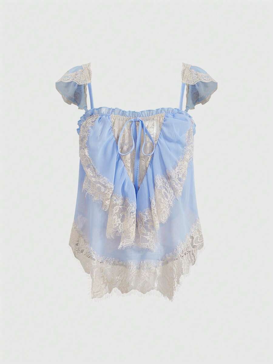 Sweetness Romantic Vacation Lace Chiffon Patchwork Cropped Top, Boho Color Blocking - Baby Blue - View 1