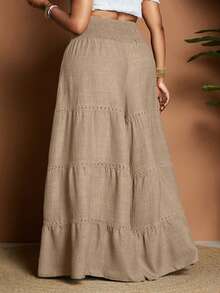 Maweii Plus Size Women's Casual Vacation Daily Commute Minimalist Solid Color Tiered Hem Wide Leg Pants - Khaki - View 2