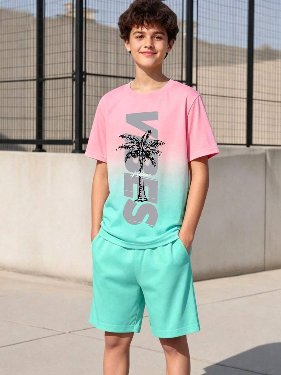 Vacaura 2件套男童休闲渐变印花套头T恤和梭织短裤套装,适合日常穿着和户外活动 - 彩色 - 查看 1