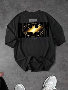 BATMAN X SHEIN Sport MetroGents 男士印花黑色圆领短袖运动T恤，夏季款 - 黑色 - 查看 2