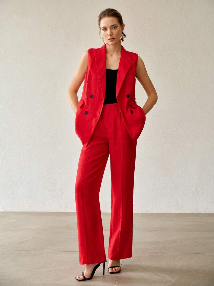 SPRING/SUMMER WOMEN'S ELEGANT COMMUTER RED 100% LINEN 9-POINT STRAIGHT LEG SUIT PANTS