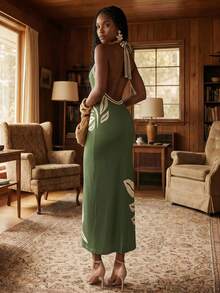 CAJUNI Women's Leaf Print Halter Neck Casual Party Long Dress - Green - View 2