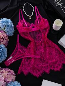 Crystal Vow Set 2pcs Gaun Tidur Seksi Transparan dengan Kawat Penyangga dan Renda - Hot Pink - View 2