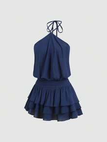 Vestido mini rosa dulce y picante, estilo callejero sexy, cuello halter, espalda descubierta, vestido de verano para mujer para citas y vacaciones - Celeste - Ver 11