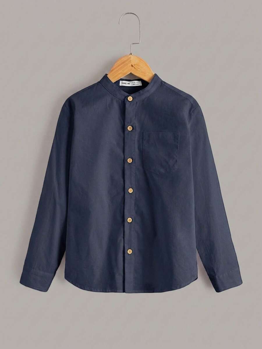 SHEIN Tween Boy Solid Color Long Sleeve Single Breasted Casual Pocket Shirt - Navy Blue - View 1