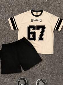 SHEIN 2 pezzi Set di maglietta a maniche corte con stampa numerica e lettera e pantaloncini in maglia, adatto per bambini/ragazzi casual, versatile, comodo, colore bianco e nero, adatto per pendolarismo, scuola, uso quotidiano, vacanza, sport, primavera e estate - Bianco - Visualizzare 3