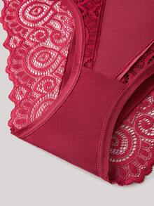 Hourtrue 1pc Mid-Rise Solid Color Contrast Lace Brief Lingerie - Burgundy - View 3