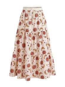 ROMWE Fairycore 大尺碼夏季度假月亮星星印花掛脖上衣與裙子兩件套 - 米色 - 查看 4