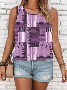 SHEIN LUNE CURVE Plus Size Patchwork Printed Casual Crew Neck Sleeveless Top, Daily Wear Women Tank Tops - Multicolor - View 4