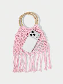 SHECARRY Ladies, Women Top Handle Bags, Fashionable, Elegant, Simple, Personalized, Versatile, Handmade Crochet, Tassel, For Beach, Vacation, Holiday, Summer, Seaside , Crochet - Pink - View 4