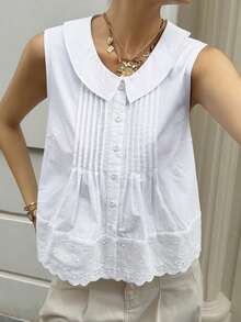 Livesso Women's Summer Casual Solid Color Front Button Tank Top Tea Party White Vacation - White - View 5