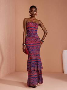 JIAN LASALA All-Over Print Mesh O Ring Halter Neck Sleeveless Women Maxi Dress Summer Boho Casual - Multicolor - View 1