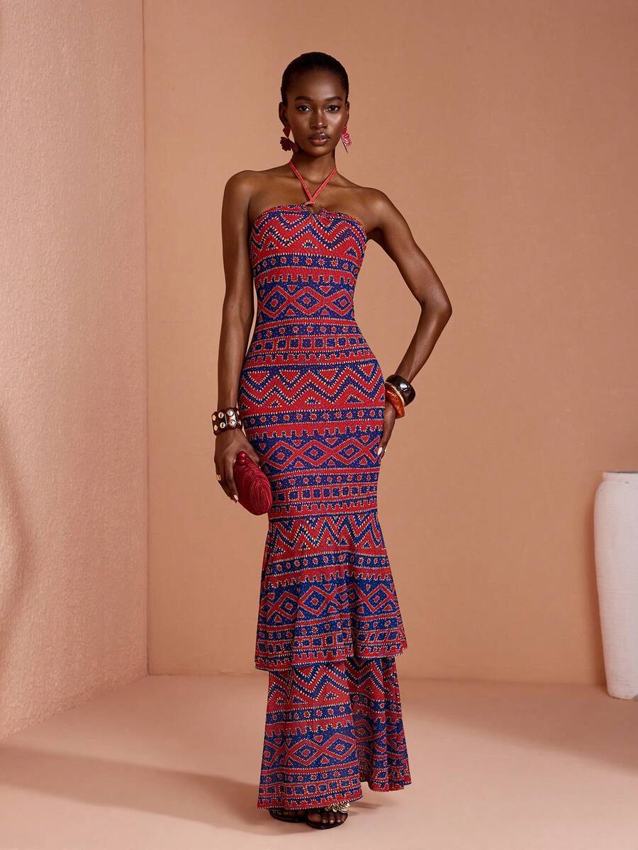 JIAN LASALA All-Over Print Mesh O Ring Halter Neck Sleeveless Women Maxi Dress Summer Boho Casual - Multicolor - View 1