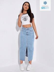 SHEIN ICON 日常經典水洗高腰口袋剪裁牛仔長裙 - 藍色 - 查看 5