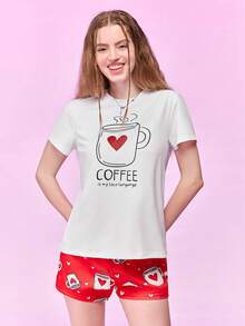 Provexi Provexi 女款大尺碼白色與紅色咖啡心形圖案短袖睡衣套裝，可愛日常居家休閒款 - 彩色 - 查看 3
