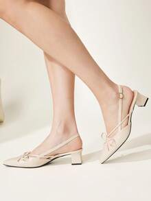 CUCCOO CHICEST Sandalias de tacón grueso con punta y lazo color albaricoque, diseño de espacio trasero, zapatos de temperamento para uso diario y desplazamientos - Lista un color albaricoque - View 4