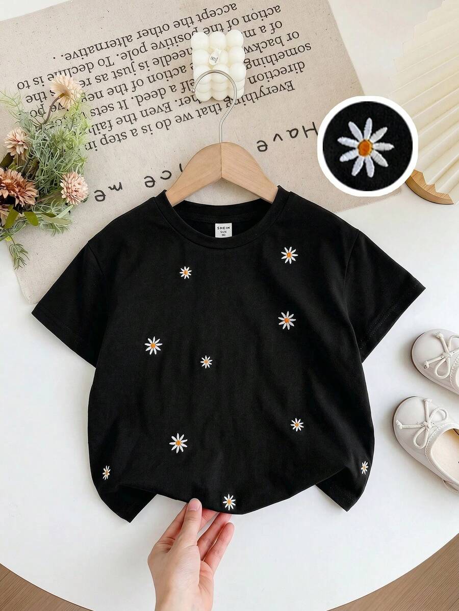 SHEIN LMoss Kids 少女針織刺繡圓領寬鬆休閒T恤 - 黑色 - 查看 1