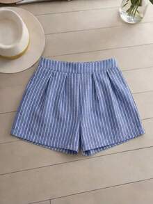 GlowEve CURVE French-Style Striped Women's Vacation Outfit, Summer Plus Size T-Shirt And Short Pants Two Pieces Set For Dressing Up - Blue - View 5