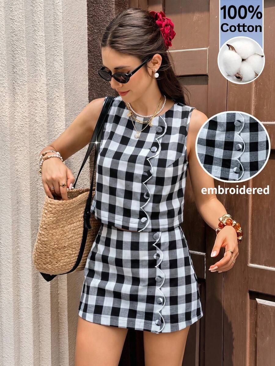 SHEIN Frenchy 女士格子单排扣背心和短裤休闲两件套