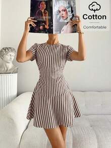 Siren Gaze Gaun Mini Wanita Motif Garis-Garis Leher Bulat Lengan Pendek Pinggang Tinggi Model A-Line - Coklat - View 5