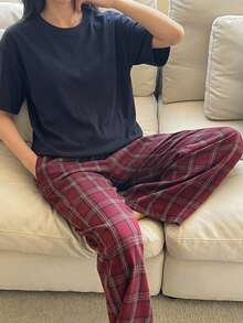 DAZY 2pcs/Set Women's Summer Pajama Set, Loose Solid Color Short Sleeve T-Shirt & Plaid Loose Straight Leg Long Pants - Navy Blue - View 6