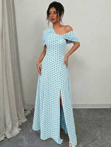 SHEIN Elenzya Asymmetrical Shoulder Ruched Waist A-Line Elegant Romantic Women's Dress - Multicolor - View 5