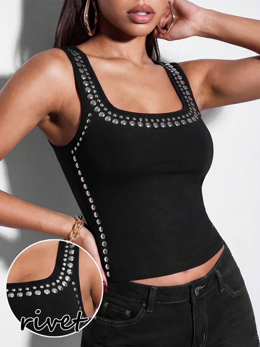 Normani Women's Rivet Design Square Neck Fitted Casual Tank Top Club Black Summer - Black - View 1