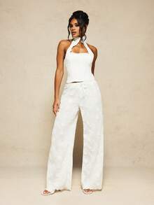 MISSGUIDED X Carli Bybel Women's White Broderie Anglaise Wide Leg Drawstring Pants With Floral Cutout Embroidery Summer Palazzo Trousers Bohemian Beach Vacation Casual - White - View 4