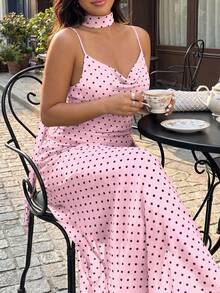 GalTyme Pink Plus Size Summer Elegant Polka Dot Print Cami Dress - Pink - View 3