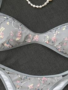 Costavie 女款 2 件組夏季海灘比基尼套裝，亮片刺繡布料，後綁帶細肩帶上衣與比基尼泳褲，海邊泳裝 - 灰色 - 查看 6