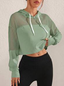 Sovereign Charm Women's Breathable Patchwork Mesh Drawstring Hooded Sports Sweatshirt - Green - View 6