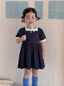 DAZY 女嬰圓領條紋休閒寬鬆拼色條紋洋裝 夏季幼兒 - 藍色 - 查看 4