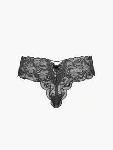 Bisouelle Tanga de lencería sexy y ajustado con borde de encaje floral calado para mujer - Negro - Ver 2