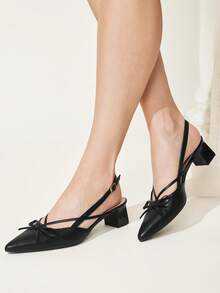 CUCCOO CHICEST Black Pointed Toe Bow Slingback Thick Heel Sandals, Workplace Commuting Temperament Shoes - List One Black - View 4