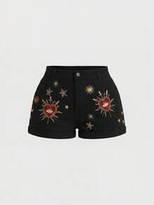 ROMWE Grunge Punk Y2K Millennium Retro Star Moon Constellation Divination Embroidered Plus Size Denim Rolled Hem Shorts - Black - View 1