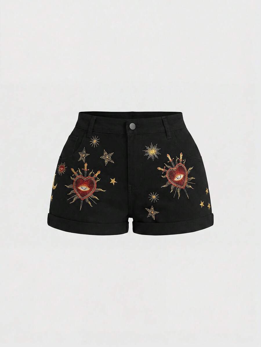ROMWE Grunge Punk Y2K Millennium Retro Star Moon Constellation Divination Embroidered Plus Size Denim Rolled Hem Shorts - Black - View 1